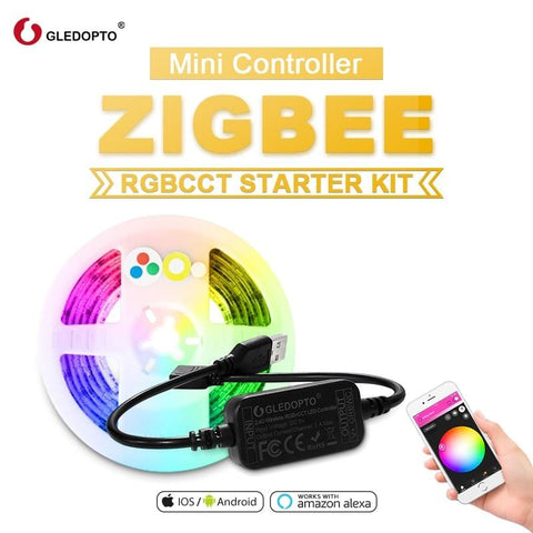 GLEDOPTO ZigBee LED 5V RGB+CCT TV Computer LED Strip Light Kit 2M Smart Home Remote Controller Work With Amazon Echo, Apple HomeKit