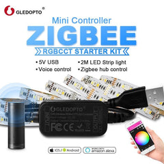 GLEDOPTO ZigBee LED 5V RGB+CCT TV Computer LED Strip Light Kit 2M Smart Home Remote Controller Work With Amazon Echo, Apple HomeKit